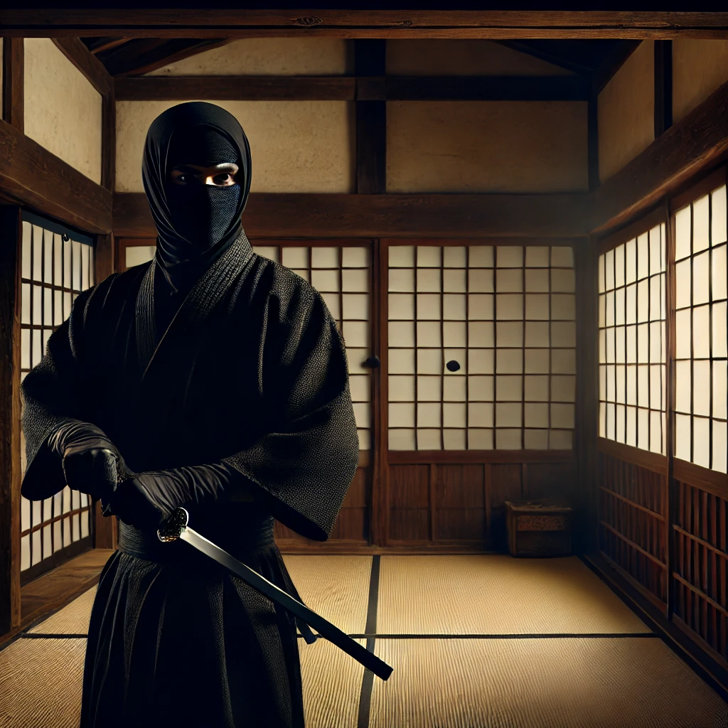 DALL·E A realistic photo of a Japanese ninja in traditional black ninja outfit, standing in a historical Japanese wooden house with sliding paper doors (shoj